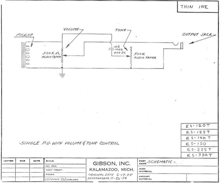Gibson 1955 thinline guitar electronics schematic for ES120T, ES125T, ES140T, ES150, ES225T, and ES330T models.