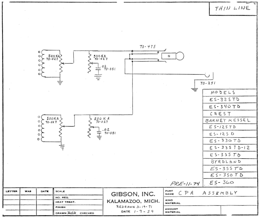 Gibson two-pickup thinline guitar electronics schematic for ES325TD, ES175T, Crest, ES360, Barney Kessel, ES125D, ES330TD, ES335TD-12, ES335TD, Byrdland, ES125TD, ES355TD, and ES350TD models.