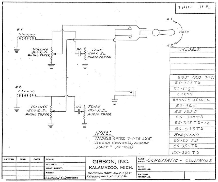 Gibson two-pickup thinline guitar electronics schematic for ES335Pro ES325TD, ES175T, Crest, ES360, Barney Kessel, ES125D, ES330TD, ES335TD-12, ES335TD, Byrdland, ES125TD, ES355TD, and ES350TD models.